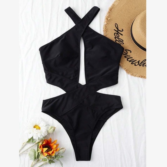 SHEIN Other - Strappy Black Sexy Cutout Crossback Halter Brazilian Cut One Piece Monokini
